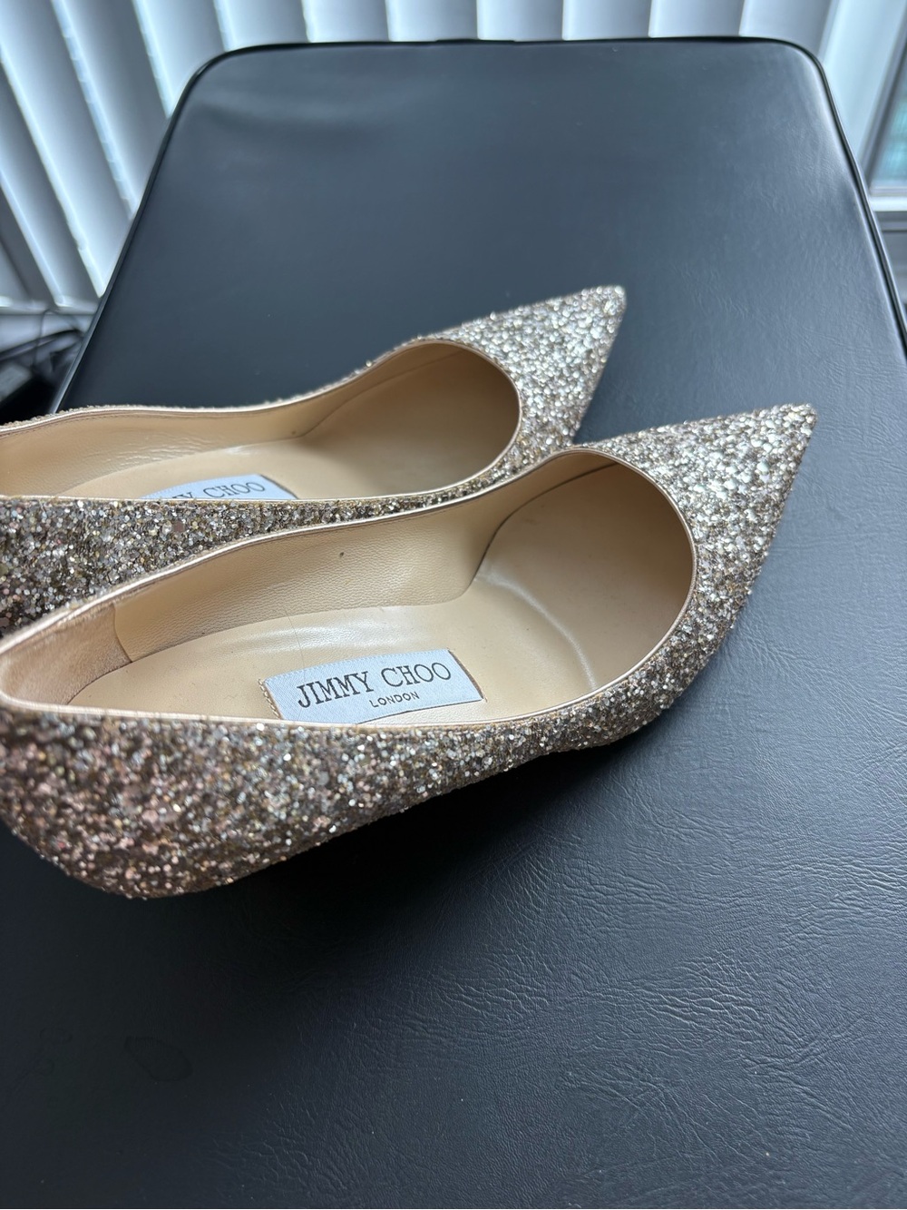 Jimmy Choo Gold Glitter Pointed Pumps - Picture 2 of 3